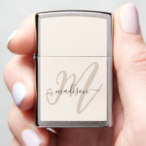 Boho Stylish Script Monogram and Name in Beige Zippo Lighter