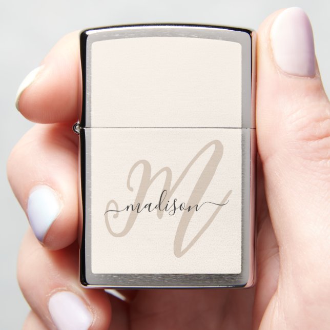 Boho Stylish Script Monogram and Name in Beige Zippo Lighter (In Hand)
