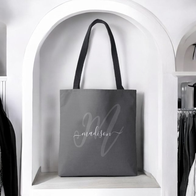 Boho Stylish Script Monogram and Name in Gray Tote Bag (Creator Uploaded)