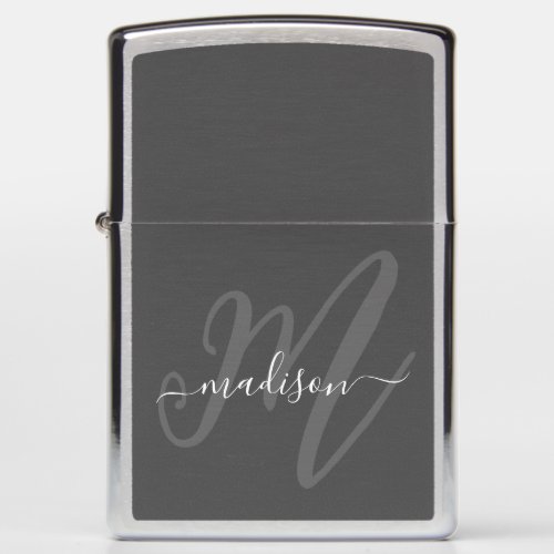 Boho Stylish Script Monogram and Name in Gray Zippo Lighter