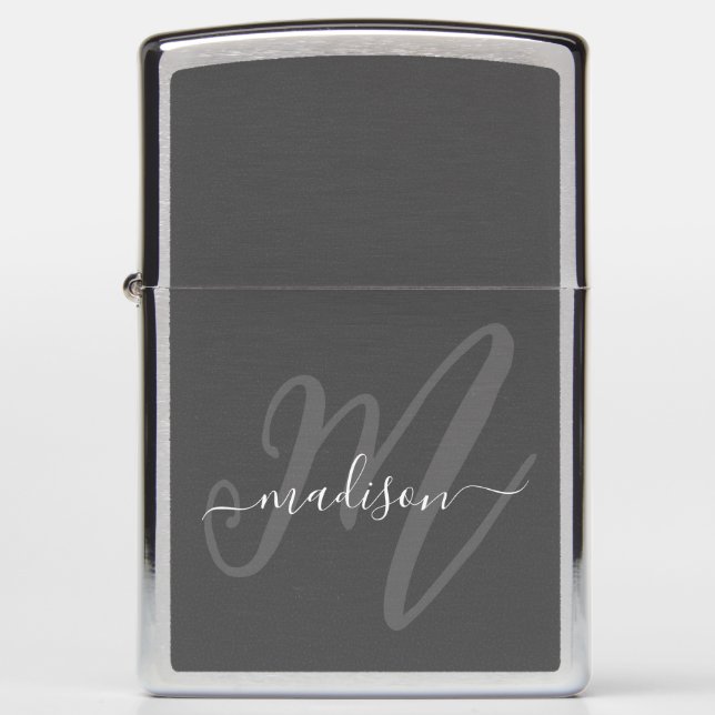 Boho Stylish Script Monogram and Name in Gray Zippo Lighter (Front)
