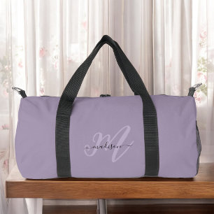 Boho Stylish Script Purple Name and Monogram Duffle Bag