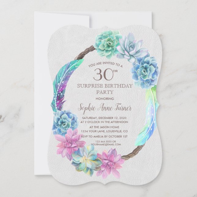Boho Succulent Cactus Wreath 30th Birthday Party Invitation (Front)