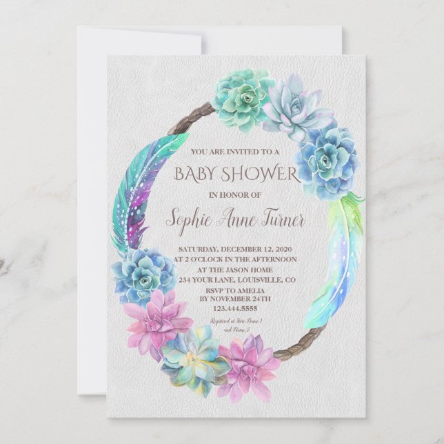Boho Succulent Cactus Wreath Baby Shower Invite (Front)