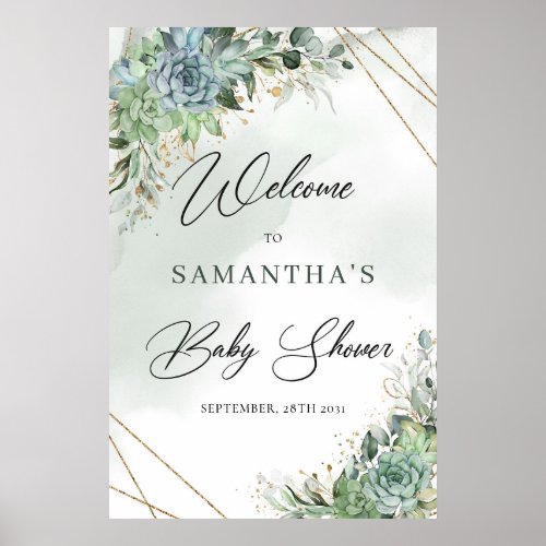 Boho succulent eucalyptus gold baby shower Welcome Poster