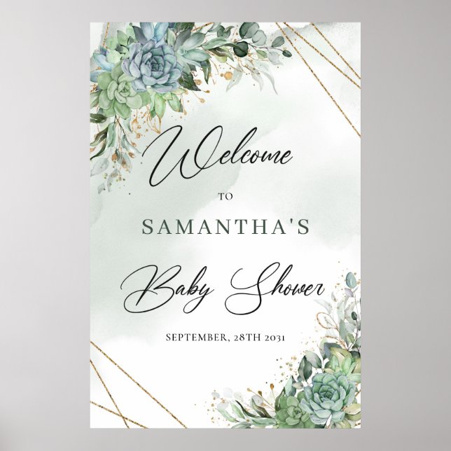 Boho succulent eucalyptus gold baby shower Welcome Poster (Front)