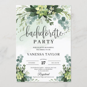 Boho succulent floral eucalyptus bachelorette invitation