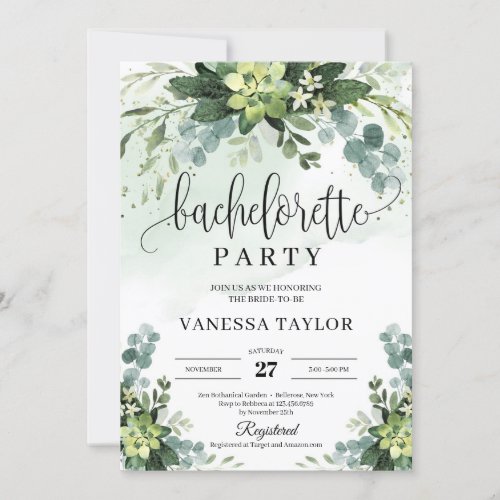 Boho succulent floral eucalyptus bachelorette invitation