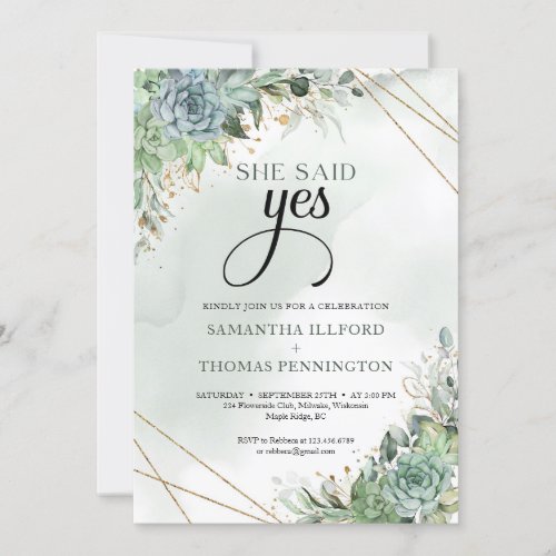 Boho succulent flowers eucalyotus she said yes invitation