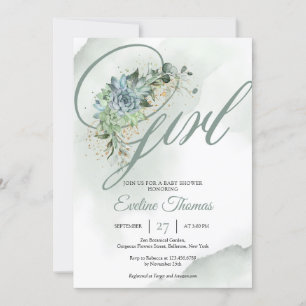 Boho succulent flowers eucalyptus gold It's a Girl Invitation