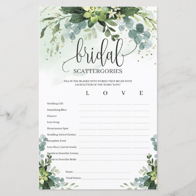 Boho succulent greenery bridal Scattergories game (Front)
