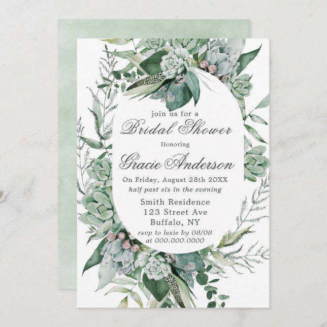 Boho Succulent Greenery Bridal Shower Invitation (Front/Back)