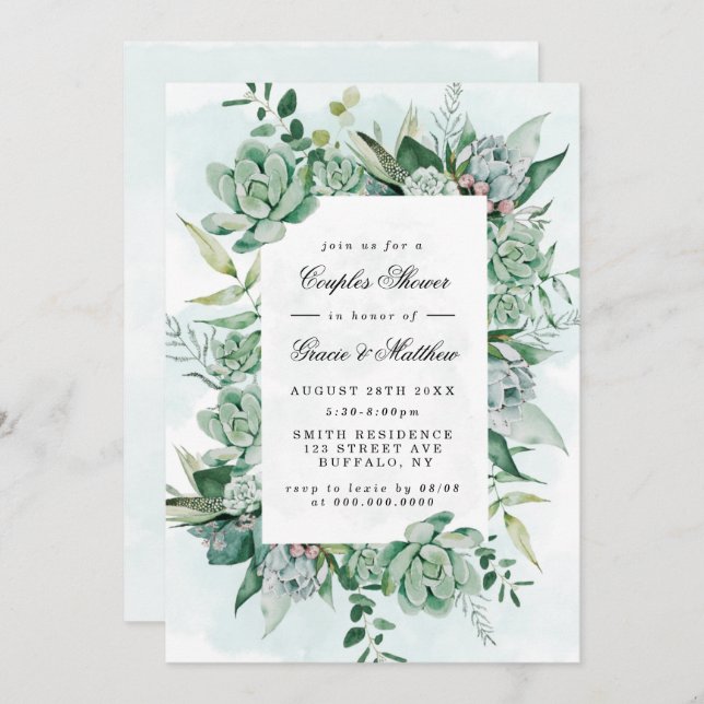Boho Succulent Greenery Couples Shower Invitations (Front/Back)