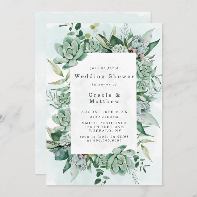 Boho Succulent Greenery Wedding Shower Invitations (Front/Back)