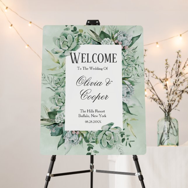 Boho Succulent Greenery Wedding Welcome Foam Board (In Situ (Stand))