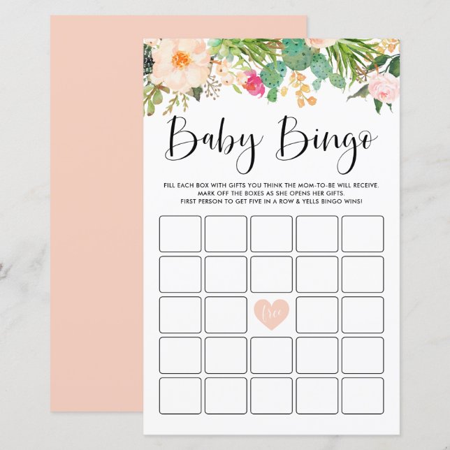 Boho Succulents Baby Shower Bingo Game Card (Front/Back)