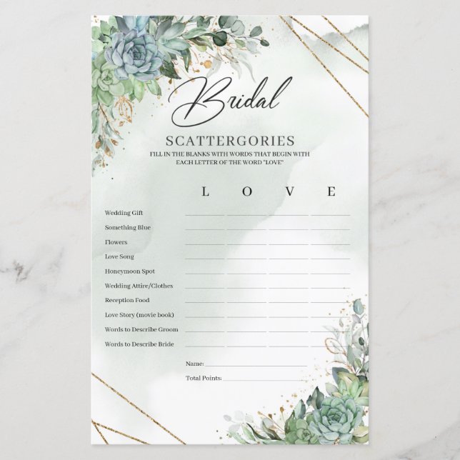 Boho succulents eucalyptus Bridal Scattergories (Front)