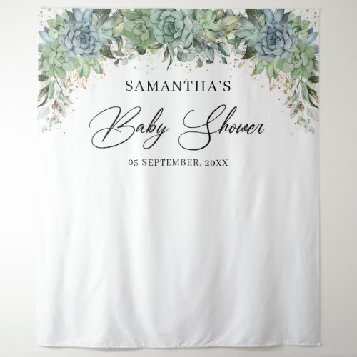 Boho succulents eucalyptus gold frame baby shower tapestry