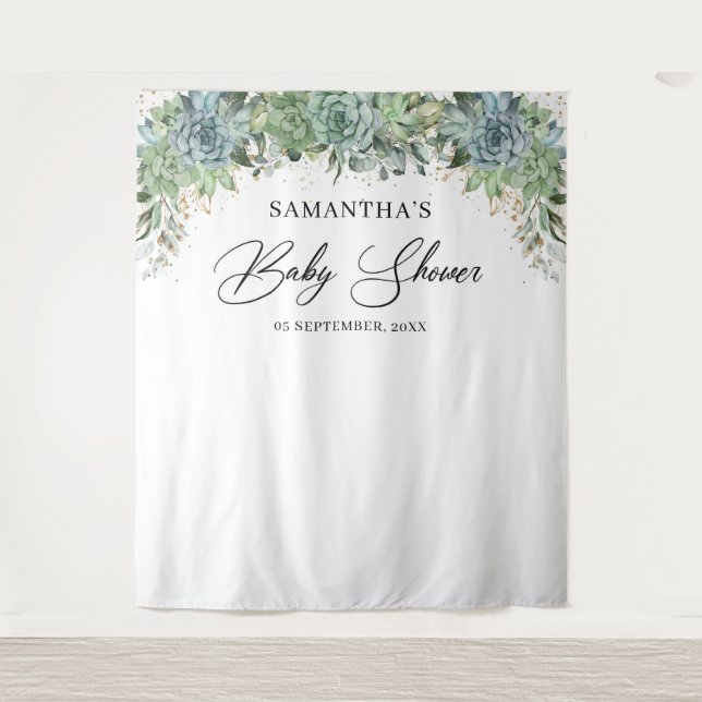 Boho succulents eucalyptus gold frame baby shower tapestry (Front)