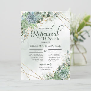 Boho succulents eucalyptus gold frame rehearsal invitation