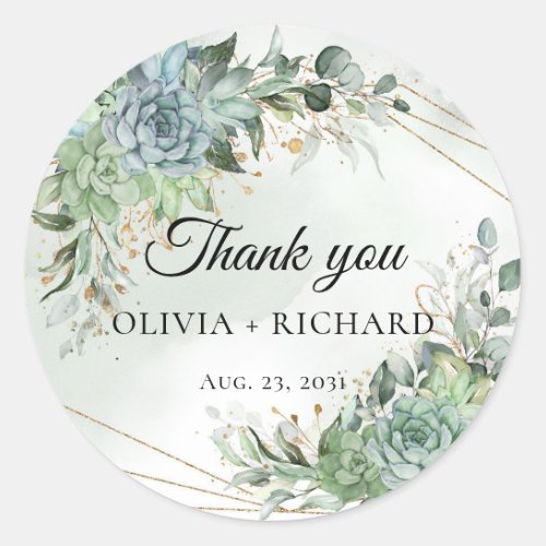 Boho succulents eucalyptus gold frame thank you classic round sticker