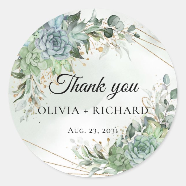 Boho succulents eucalyptus gold frame thank you classic round sticker (Front)