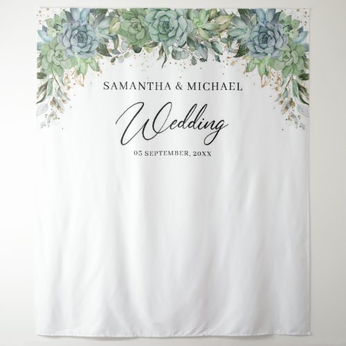 Boho succulents eucalyptus gold frame wedding tapestry