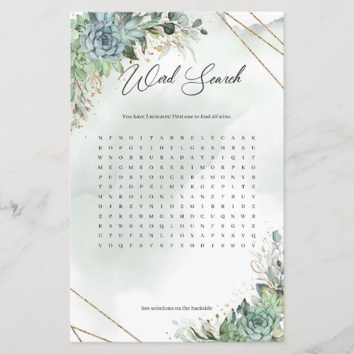 Boho succulents eucalyptus gold frame Word Search