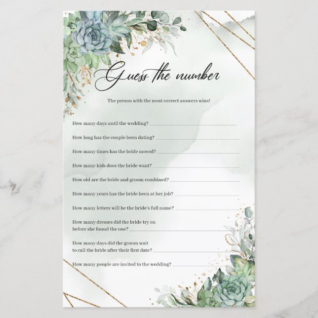 Boho succulents eucalyptus gold Guess The Number (Front)