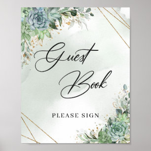 Boho succulents eucalyptus gold Guest Book Sign