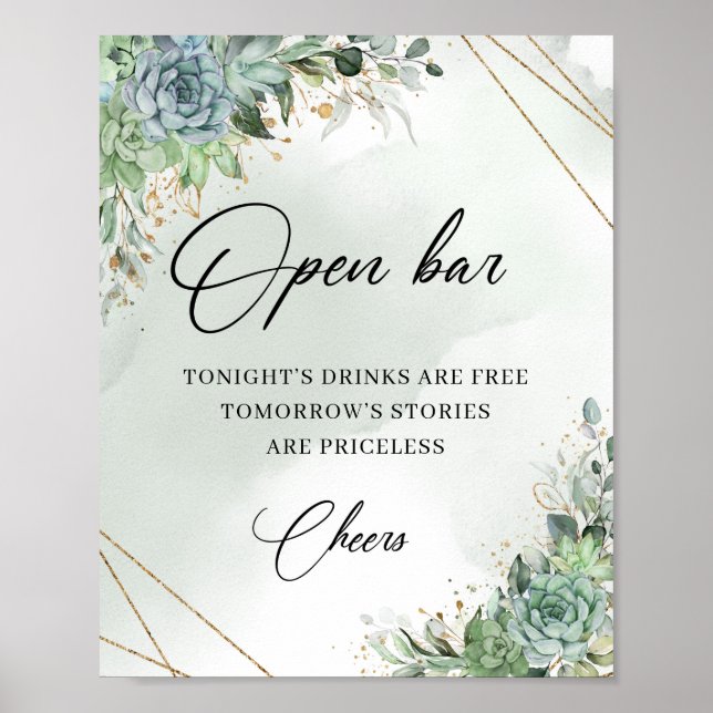 Boho succulents eucalyptus gold open bar sign (Front)