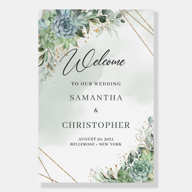 Boho succulents eucalyptus gold wedding welcome foam board (Front)