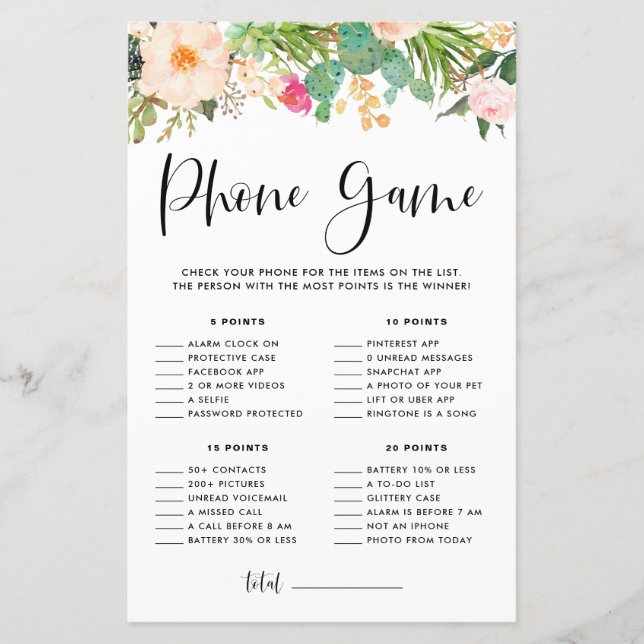 Boho Succulents Floral Baby Shower Phone Game (Front)