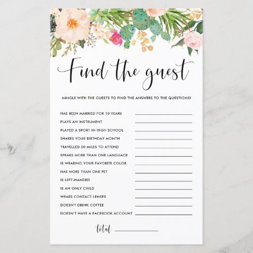 Boho Succulents Floral Find the Guest Game