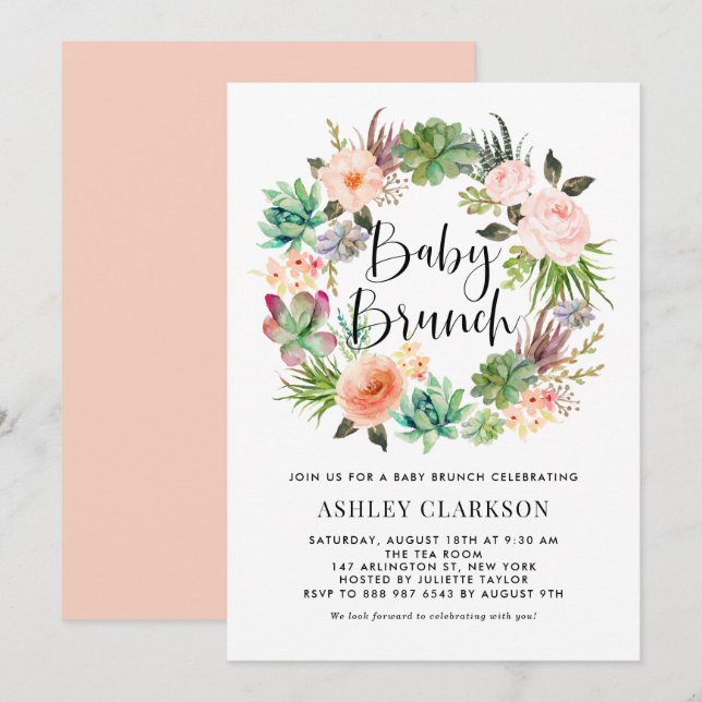 Boho Succulents Floral Wreath Baby Brunch Invitation (Front/Back)