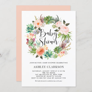 Boho Succulents Floral Wreath Baby Shower Invitation