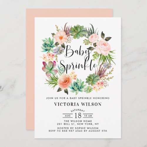 Boho Succulents Floral Wreath Baby Sprinkle Invitation