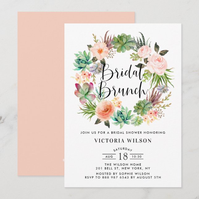 Boho Succulents Floral Wreath Bridal Brunch Invitation (Front/Back)