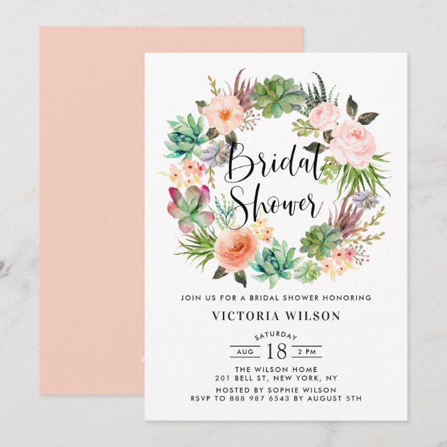 Boho Succulents Floral Wreath Bridal Shower Invitation (Front/Back)