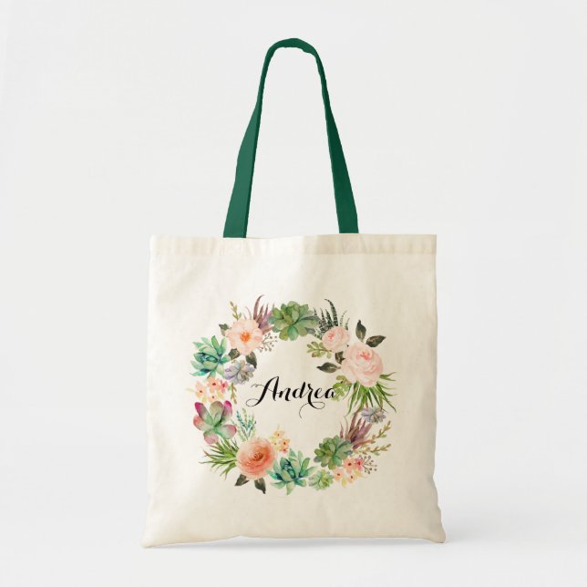 Boho Succulents Floral Wreath Bridesmaid Tote Bag (Front)