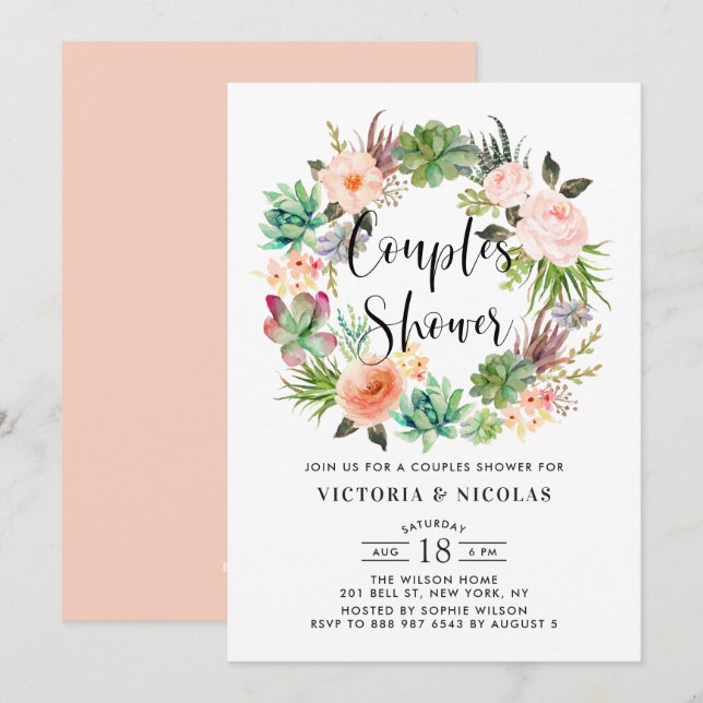 Boho Succulents Floral Wreath Couples Shower Invitation (Front/Back)
