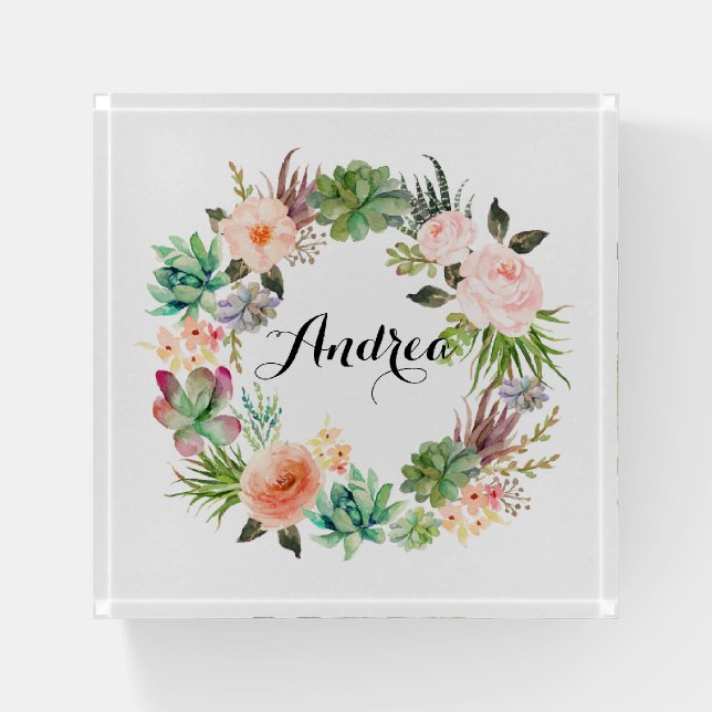 Boho Succulents Floral Wreath Custom Paperweight (Front)