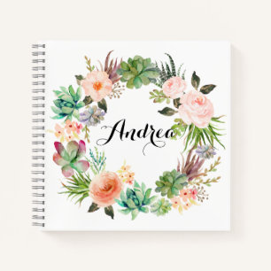 Boho Succulents Floral Wreath Customizable Notebook