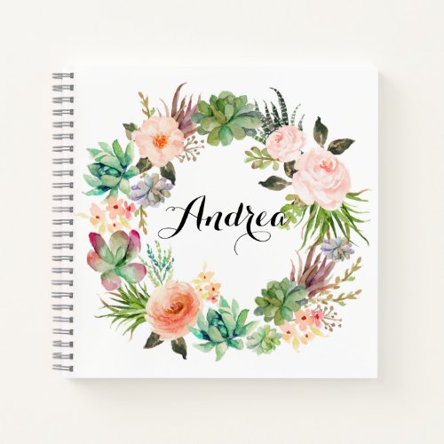 Boho Succulents Floral Wreath Customizable Notebook