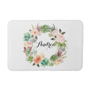 Boho Succulents Floral Wreath Personalized Bath Mat