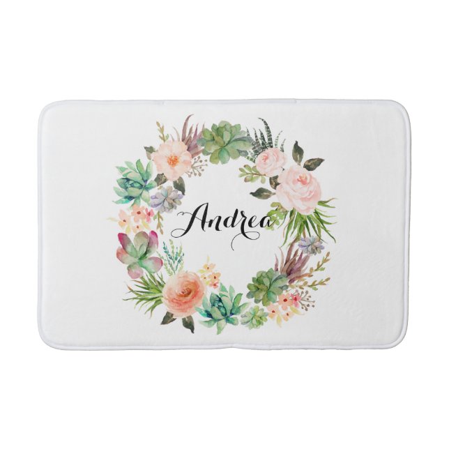 Boho Succulents Floral Wreath Personalized Bath Mat (Front)