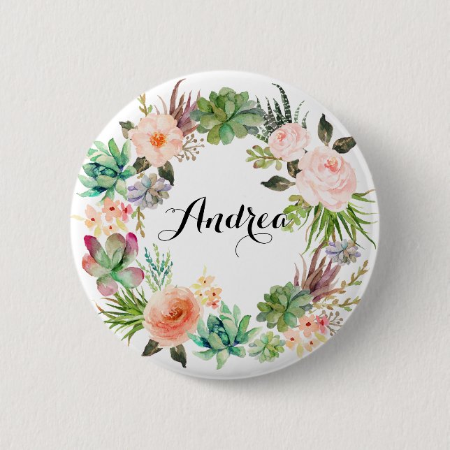 Boho Succulents Floral Wreath Personalized Button (Front)