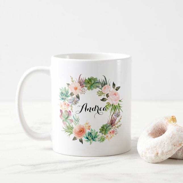 Boho Succulents Floral Wreath Personalized Coffee Mug (With Donut)