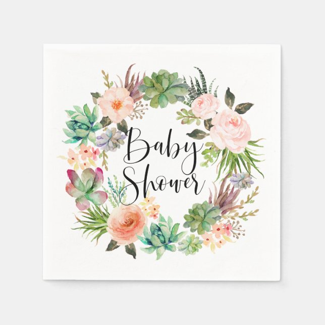 Boho Succulents Floral Wreath Summer Baby Shower Napkins (Front)