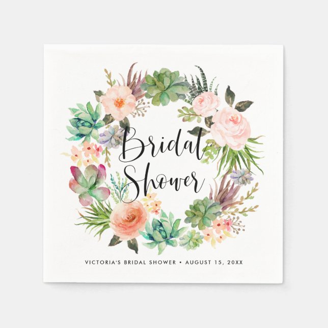 Boho Succulents Floral Wreath Summer Bridal Shower Napkins (Front)